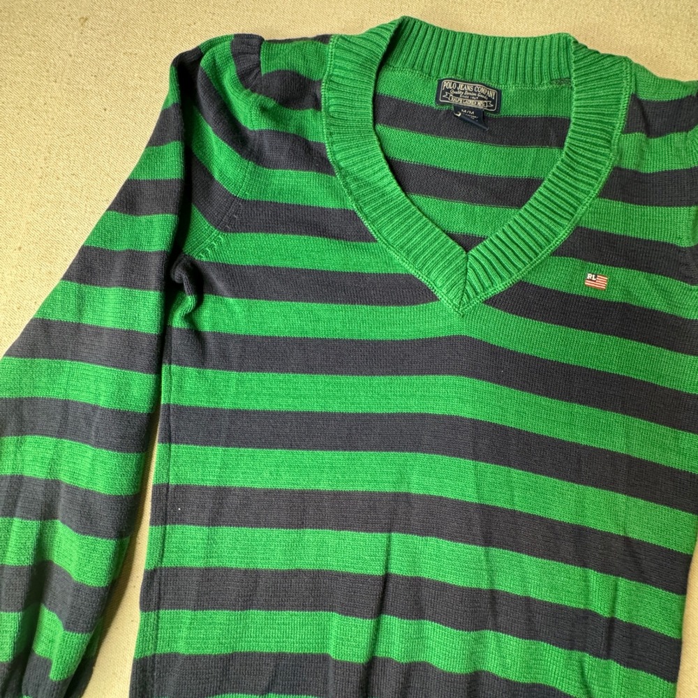 Polo Jeans Co Ralph Lauren Striped V-Neck Sweater Green Navy Blue Cotton Medium